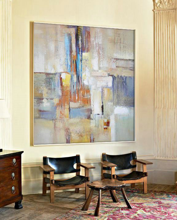 Handmade Large Contemporary Art,Oversized Contemporary Art,Hand-Painted Canvas Art,Taupe,Blue,White,Orange,Yellow.etc